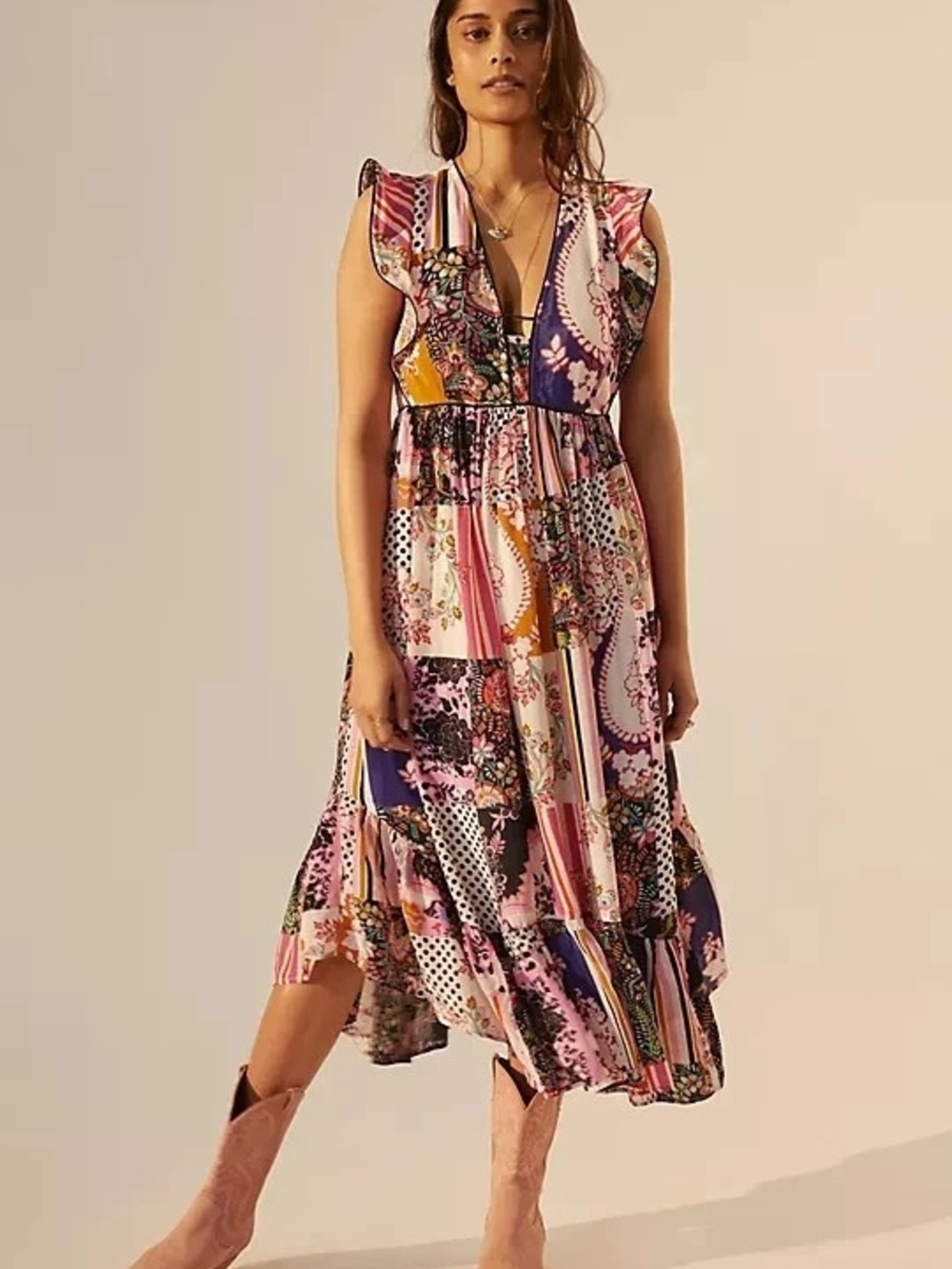 Anthropologie Floral Ruffled Patchwork Midi Dress Size 4